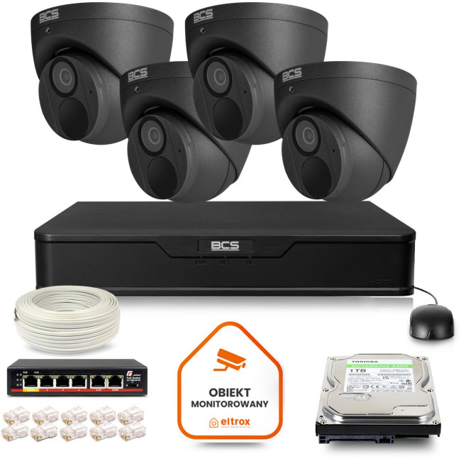 Zestaw monitoringu IP BCS Point 4x Kamera BCS-P-EIP28FWR3-Ai2-G Rejestrator z dyskiem 1TB