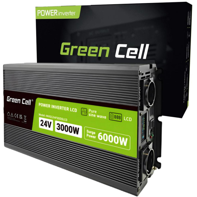 PRZETWORNICA NAPIĘCIA Green Cell PowerInverter LCD 24V / 230V 3000/6000W CZYSTA SINUSOIDA