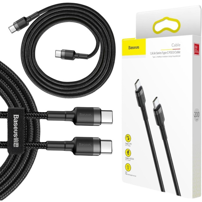 KABEL USB-C / USB-C Baseus Cafule CATKLF-HG1 200cm 60W 3A PD 2.0 QC 3.0 CZARNO-SZARY W OPLOCIE