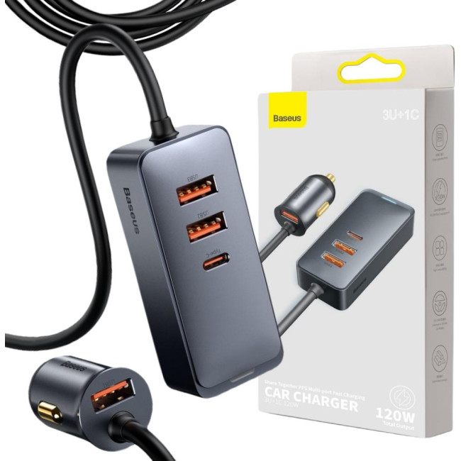 ŁADOWARKA SAMOCHODOWA NA PRZEWODZIE Baseus Share Together 120W 3A 3x USB-A 1x USB-C PD 20W QC 3.0