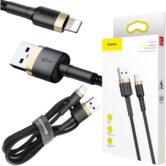 KABEL USB-A / Lightning iPhone Baseus Cafule CALKLF-BV1 100cm Apple 2.4A CZARNO-ZŁOTY W OPLOCIE