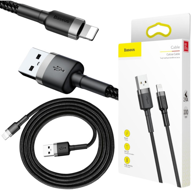 KABEL USB-A / Lightning iPhone Baseus Cafule CALKLF-BG1 100cm Apple 2.4A CZARNO-SZARY W OPLOCIE