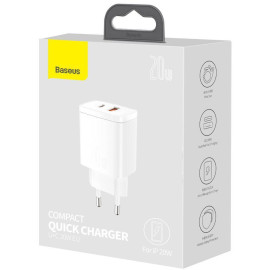 ŁADOWARKA SIECIOWA Baseus Compact Quick Charger CCXJ-B02 20W 1x USB-A 1x USB-C PD 3.0 QC 3.0 BIAŁA